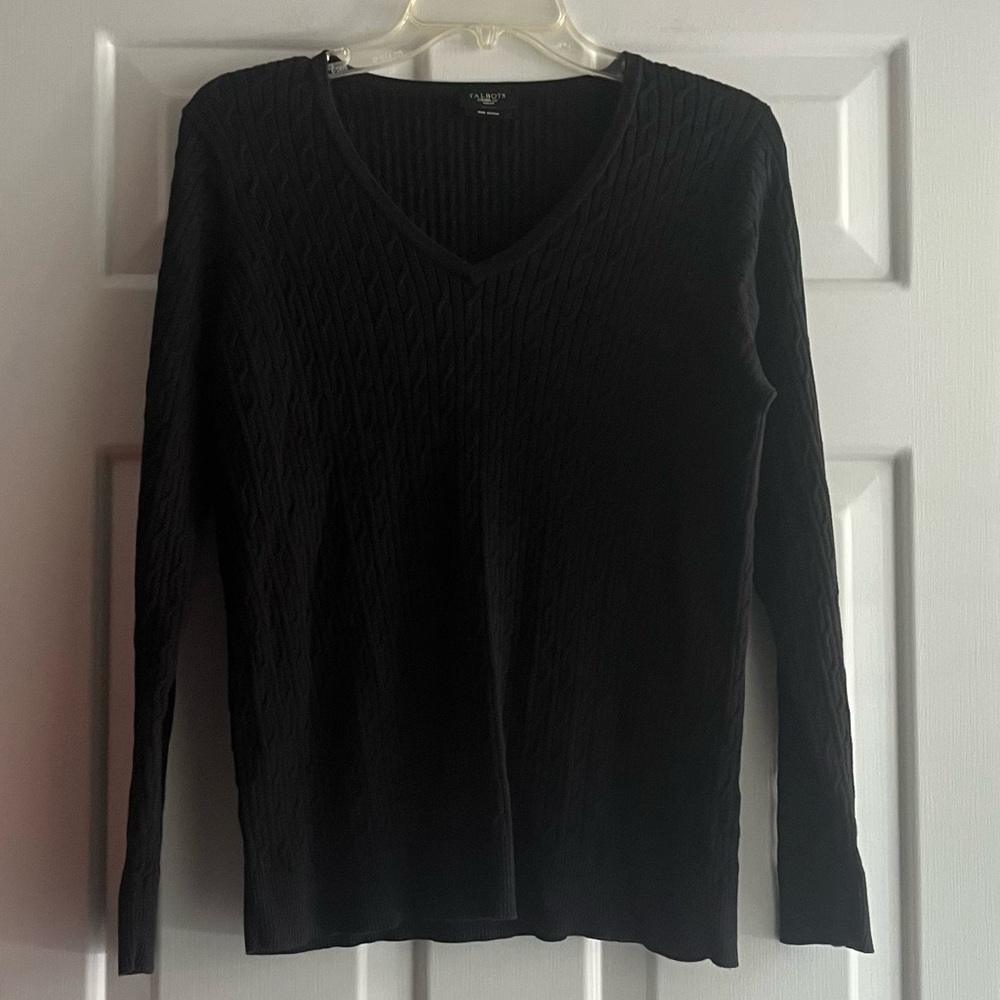 Talbots Pima Cotton Sweater Womens X (XL) Black Cable Knit V Neck Stretch Solid
